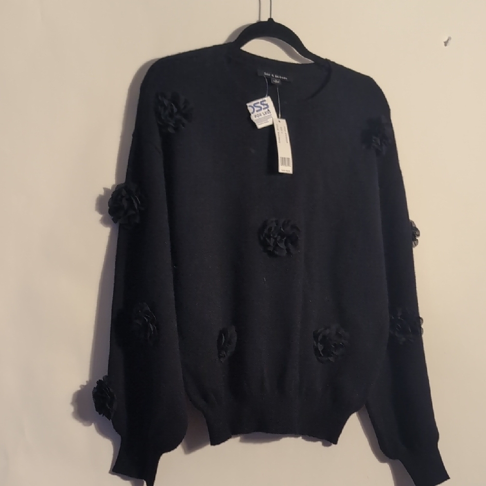 NWT Black Crewneck Sweater with 3D Rosette Floral Appliqué - Size L